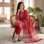 Classic Pure Red Small Print Joypuri Three Piece