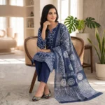 Deep Blue Sober IVY Print Jaipuri Three Piece