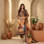 Golden Brown Rose Digital Lawn Orbit Moslin Three Piece
