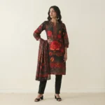 Ironi Black Base Fire Red Rose Print Rajpori Three Piece
