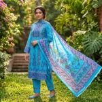 Lovely Blue Base Ivy Floral Rajpori Three Piece