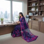 Navy Blue & Magenta Leaf Print Saree