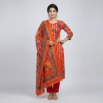 Radiant Orange Base Wild Flower Print Rajpori Three Piece