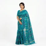 Serene Teal Blue Jamdani Print Tant Saree