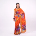 Vibrant Orange Floral Saree with Katan Paar