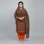 Vibrant Orange Green Bamboo Leaf Rajpori Three Piece